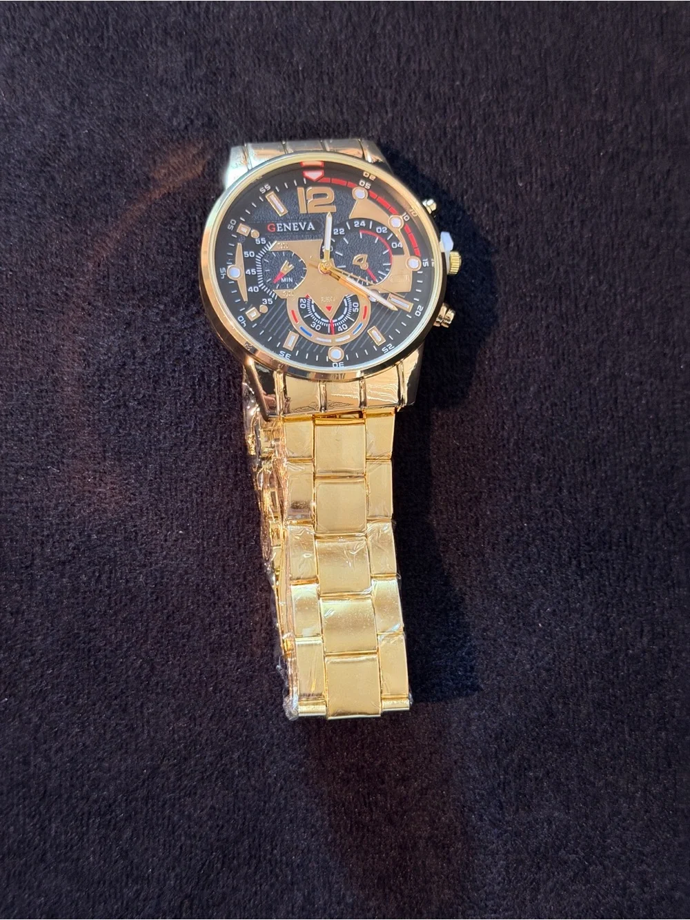 Geneva | Men's Gold Watch |Textured Black Dial | Chrono Style | NIB Brand New